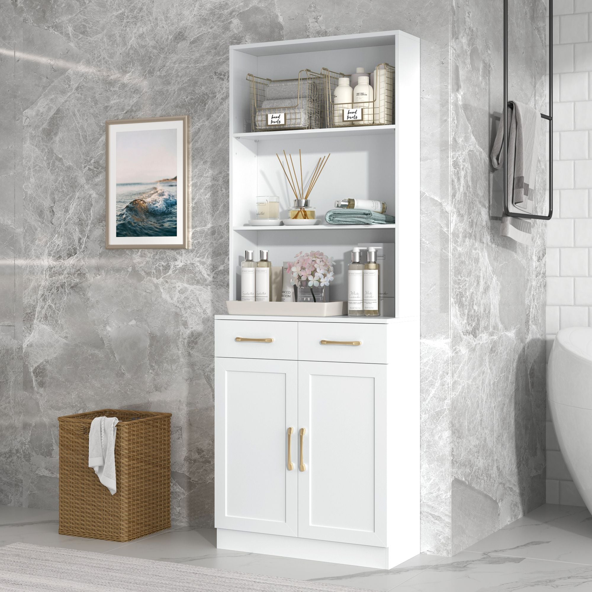 Bathroom Storage Cabinet, Cabinet with Two Doors and Drawers, Adjustable Shelf, Three-layer Open Shelf, MDF Board