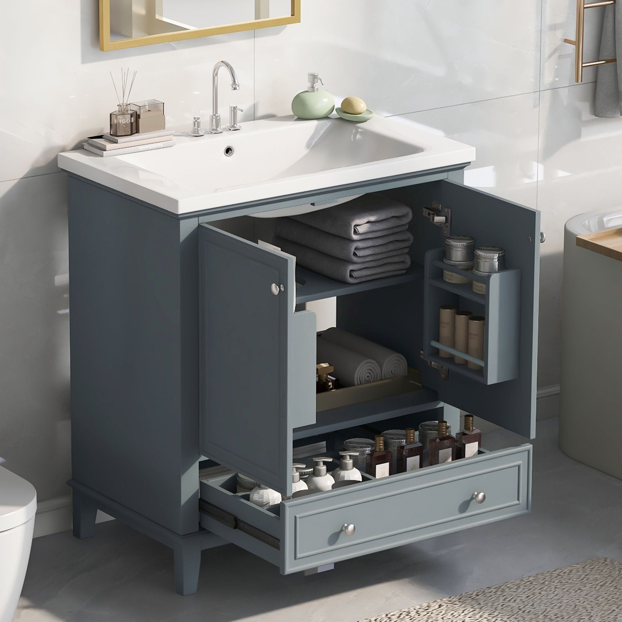 30\" Bathroom Vanity with Sink Combo, Multi-functional Bathroom Cabinet with Doors and Drawer, Solid Frame and MDF Board