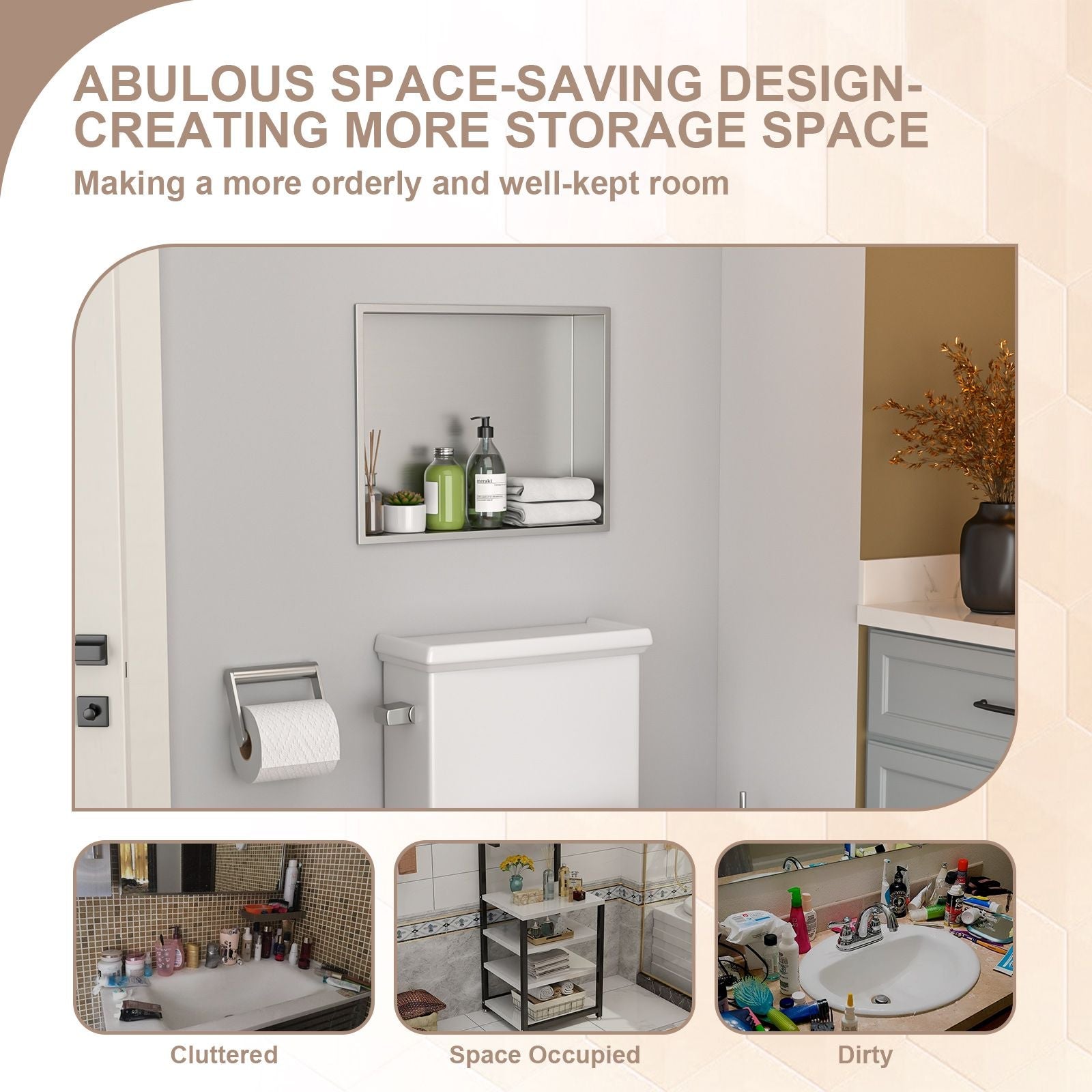 Brushed Stainless Steel Wall Shower  Niche , Double Recessed Shower Shelf for Bathroom