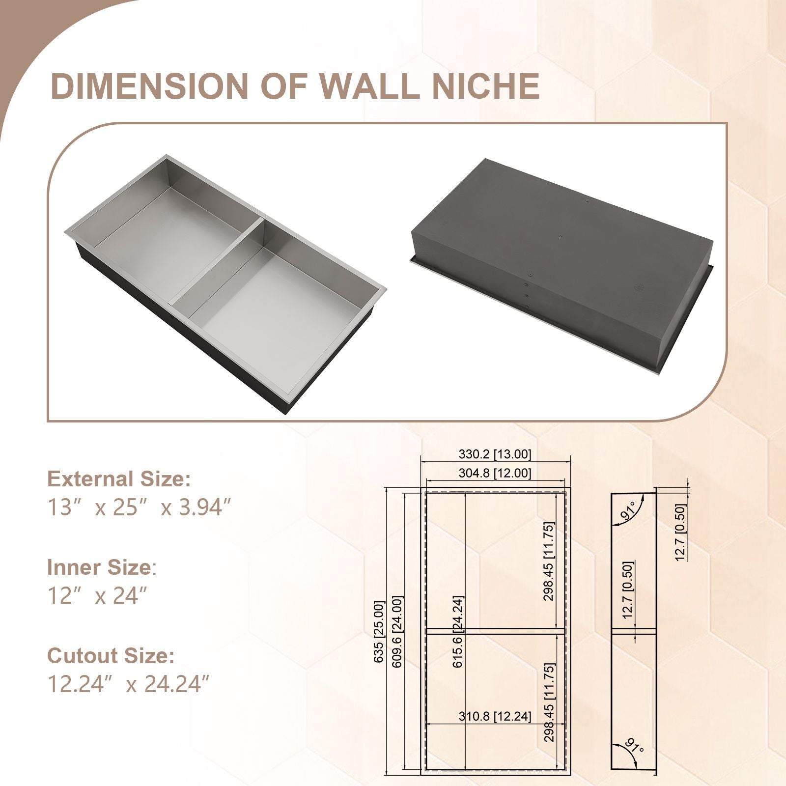 Brushed Stainless Steel Wall Shower  Niche , Double Recessed Shower Shelf for Bathroom