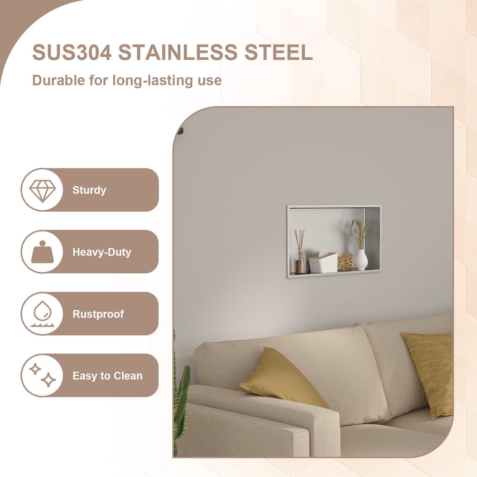 Brushed Stainless Steel Wall Shower  Niche , Double Recessed Shower Shelf for Bathroom