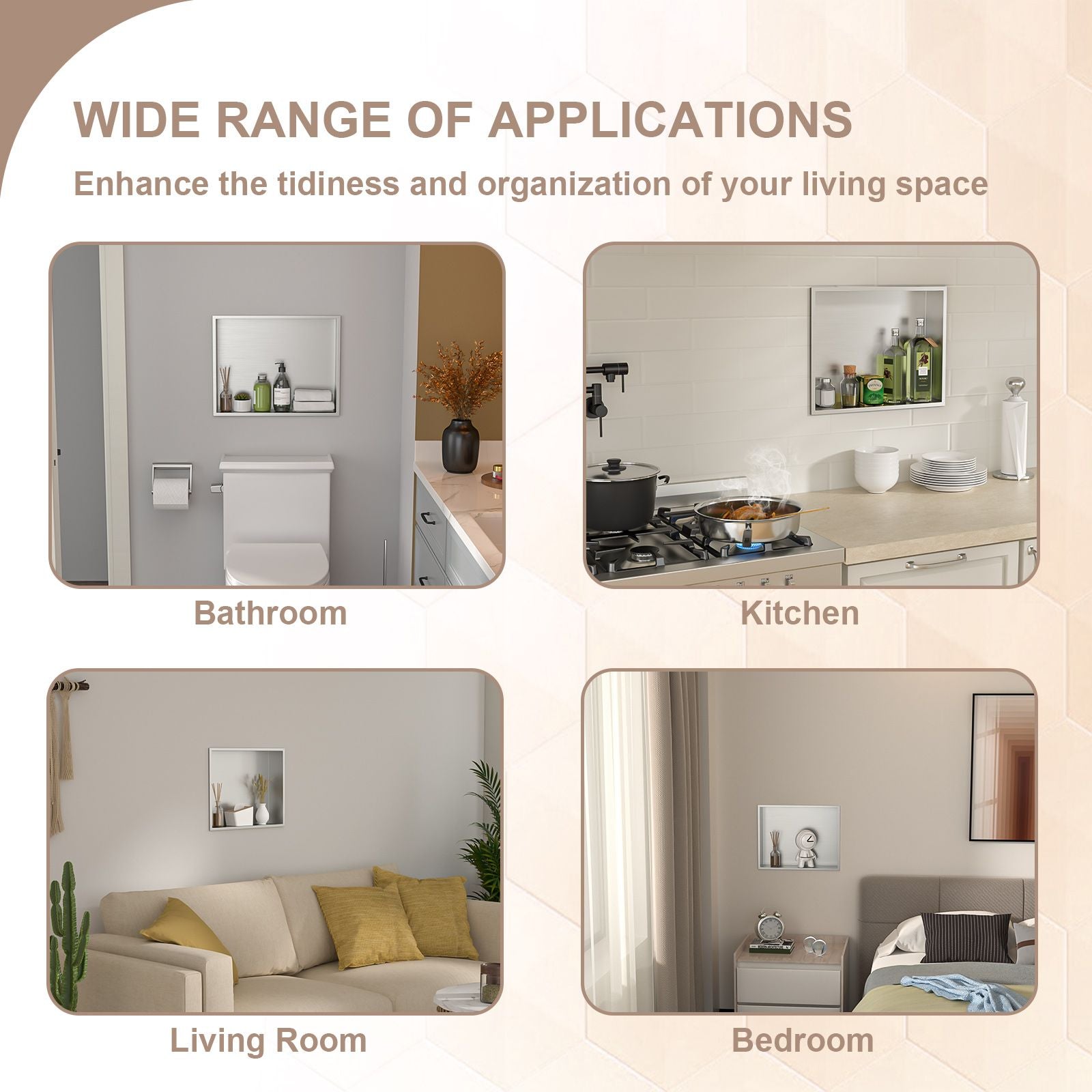 Brushed Stainless Steel Wall Shower  Niche , Double Recessed Shower Shelf for Bathroom