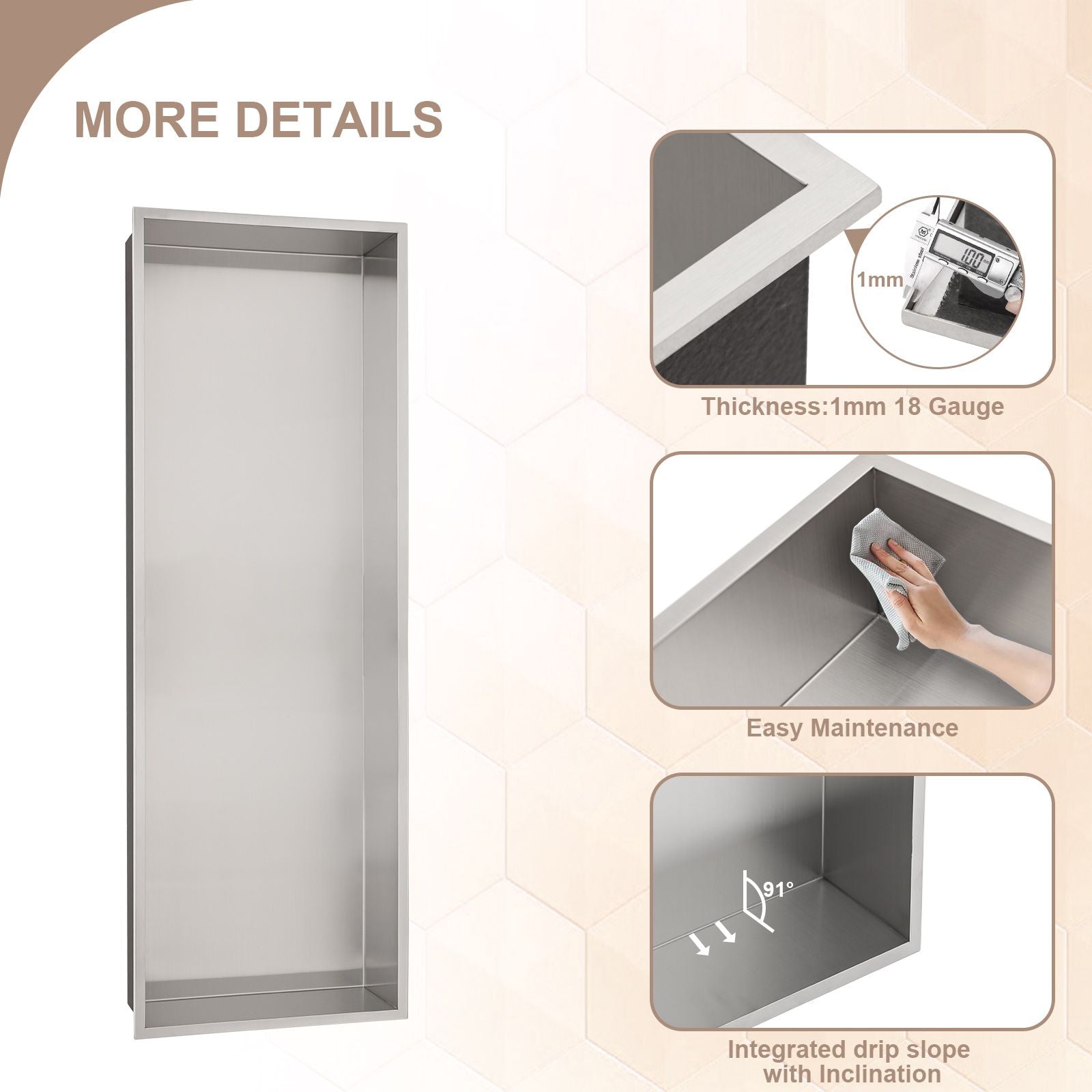 Brushed Stainless Steel Wall Shower  Niche , Double Recessed Shower Shelf for Bathroom