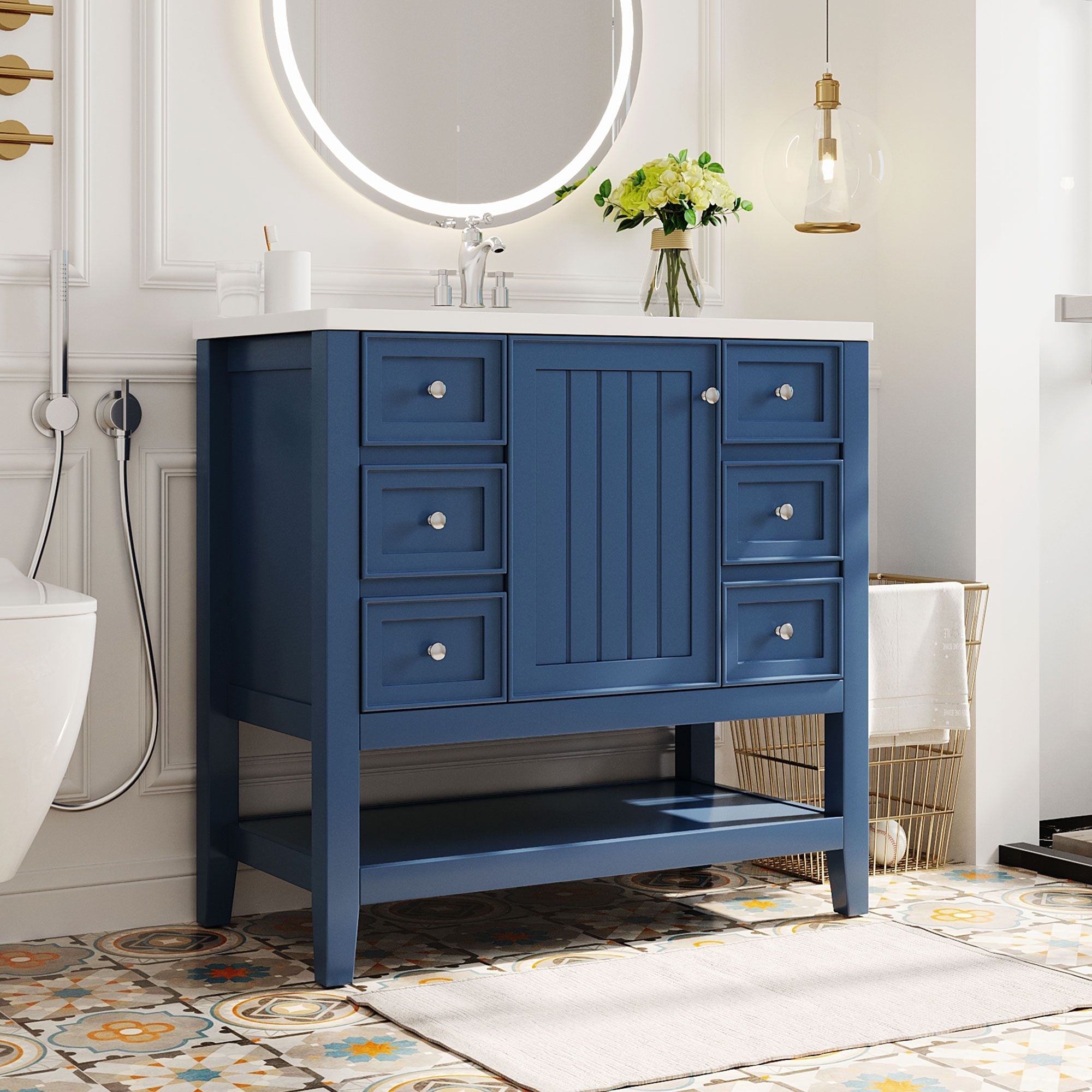 36\" Bathroom Vanity with Sink Combo, One Cabinet and Three Drawers, Solid Wood and MDF Board