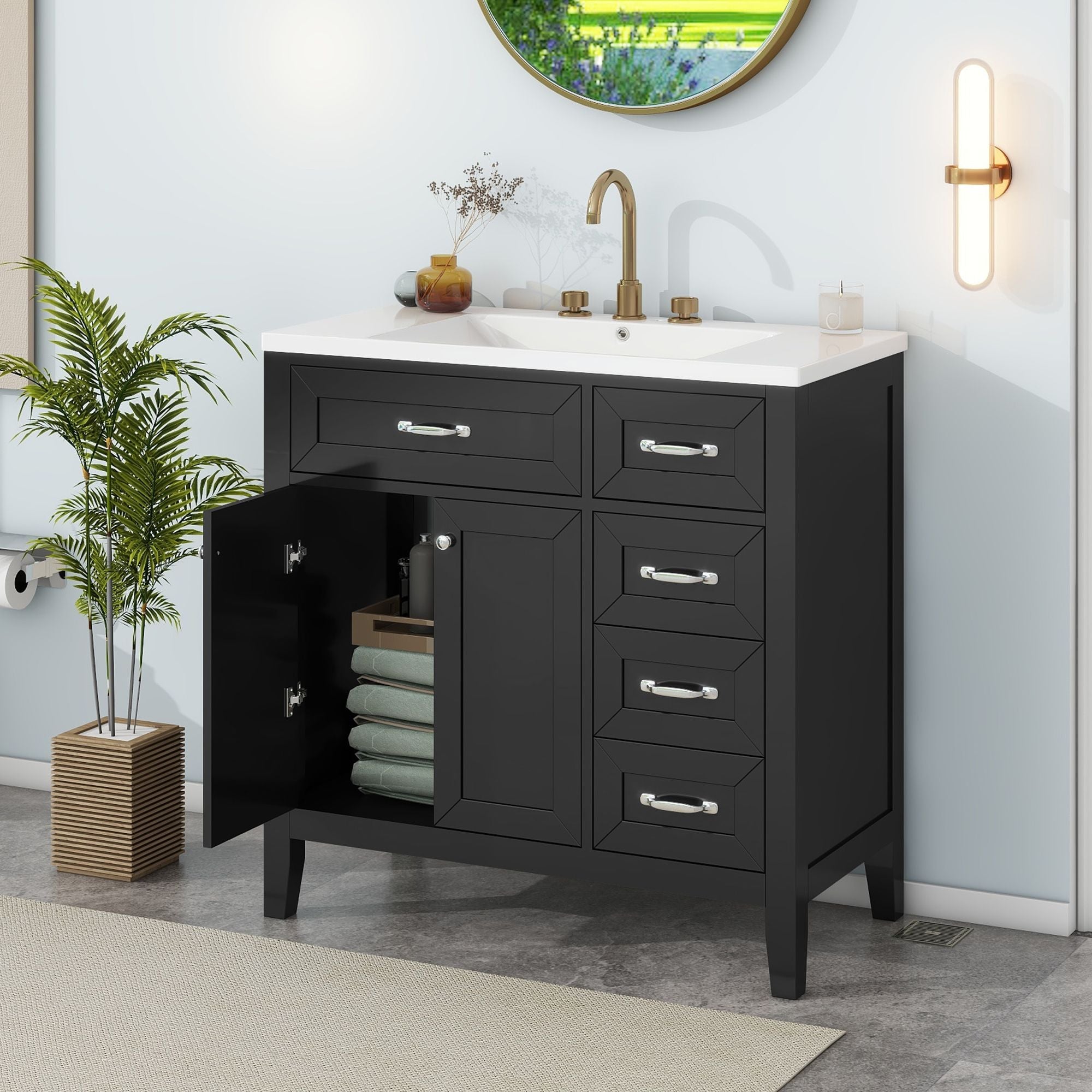 36\" Bathroom Vanity with Sink Combo, Black Bathroom Cabinet with Drawers, Solid Frame and MDF Board
