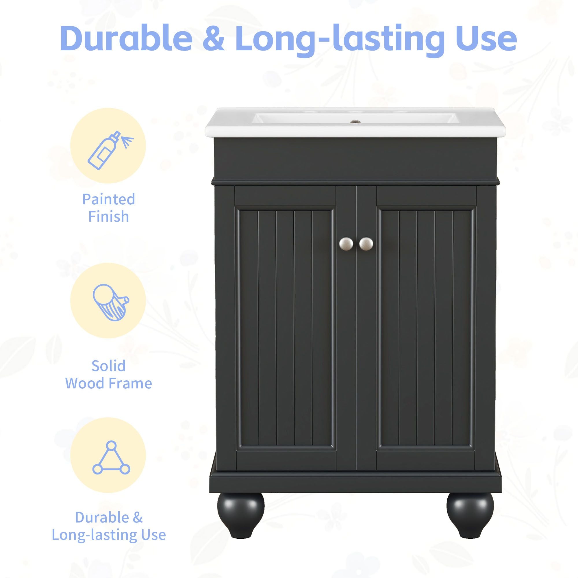 24" Modern Sleek Bathroom Vanity Elegant Ceramic Sink with Solid Wood Frame, Adjustable Shelf