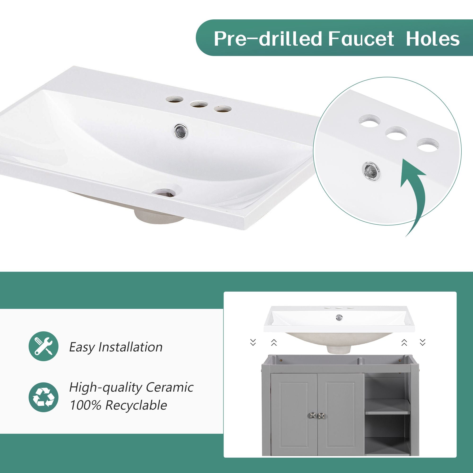 30" Bathroom Vanity with Sink, Bathroom Storage Cabinet with Doors and Drawers, Solid Wood Frame, Ceramic Sink