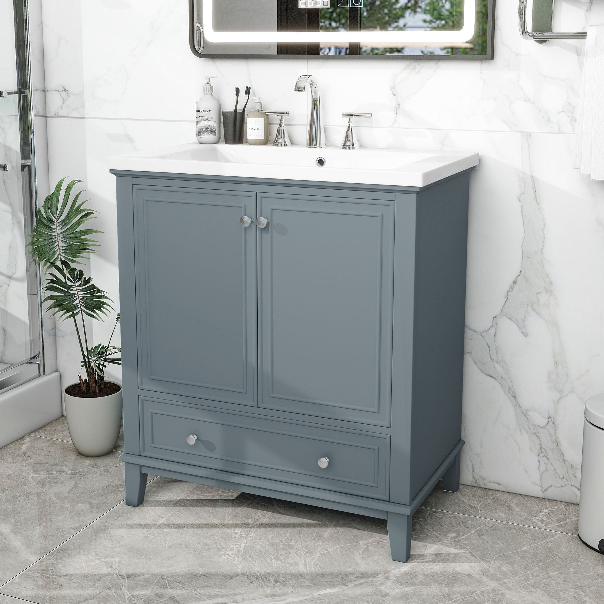 30\" Bathroom Vanity with Sink Combo, Multi-functional Bathroom Cabinet with Doors and Drawer, Solid Frame and MDF Board