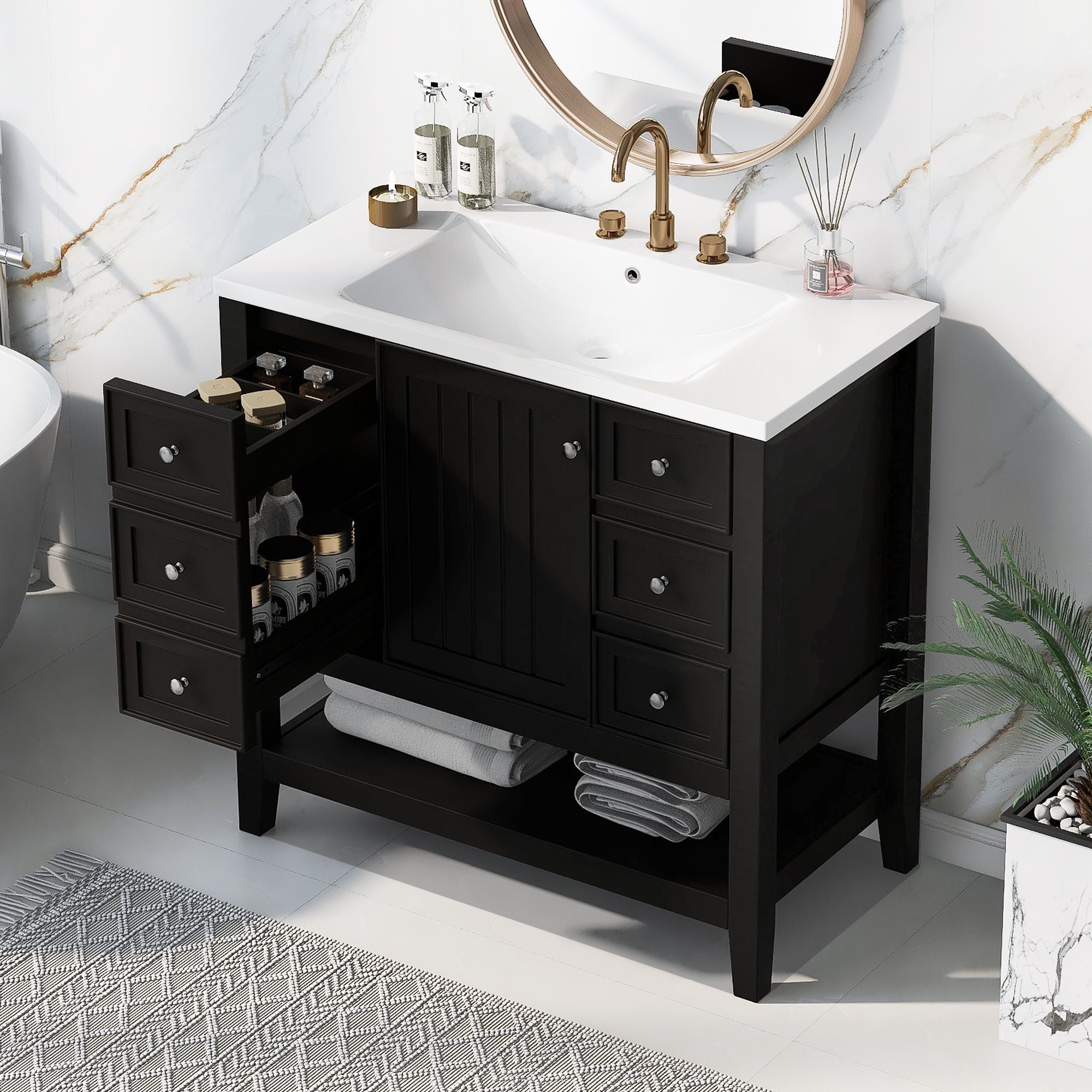 36\" Bathroom Vanity with Sink Combo, One Cabinet and Three Drawers, Solid Wood and MDF Board