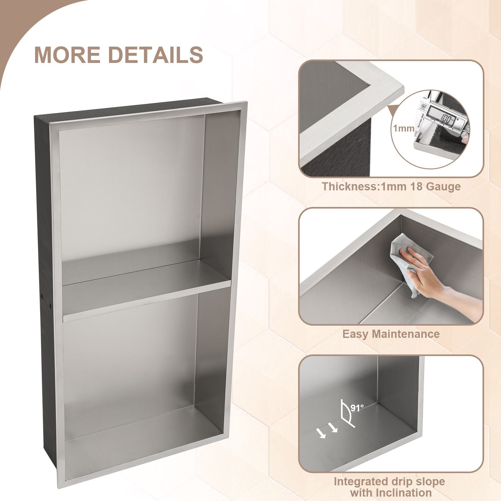 Brushed Stainless Steel Wall Shower  Niche , Double Recessed Shower Shelf for Bathroom