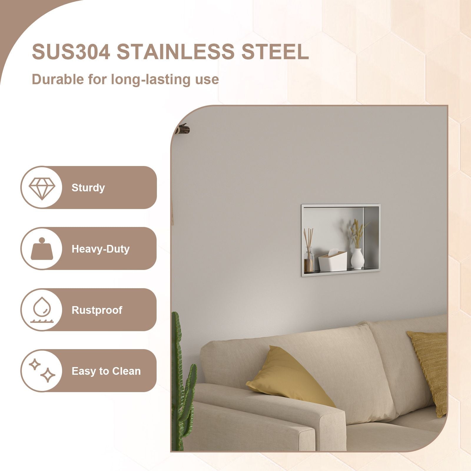 Brushed Stainless Steel Wall Shower  Niche , Double Recessed Shower Shelf for Bathroom