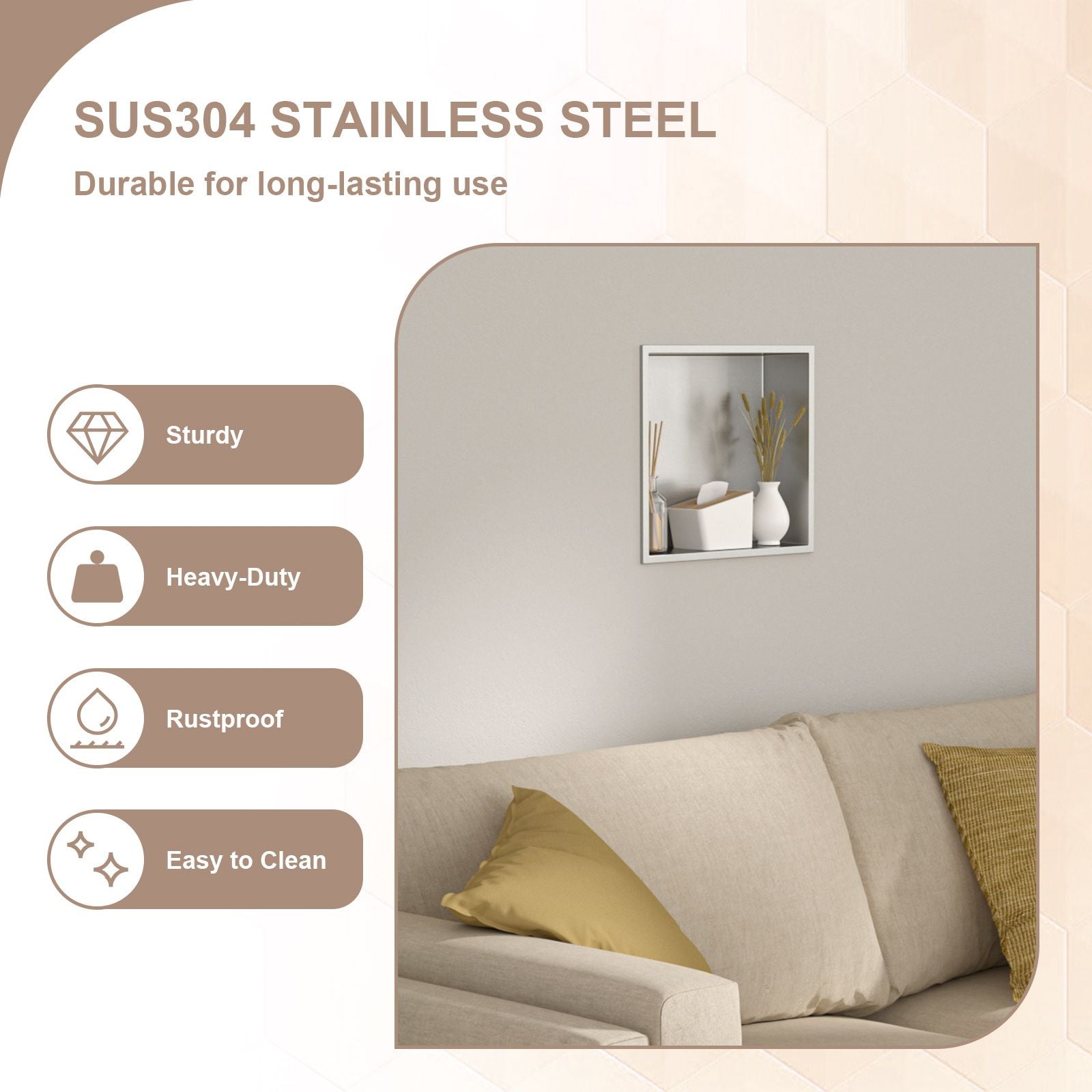 Brushed Stainless Steel Wall Shower  Niche , Double Recessed Shower Shelf for Bathroom