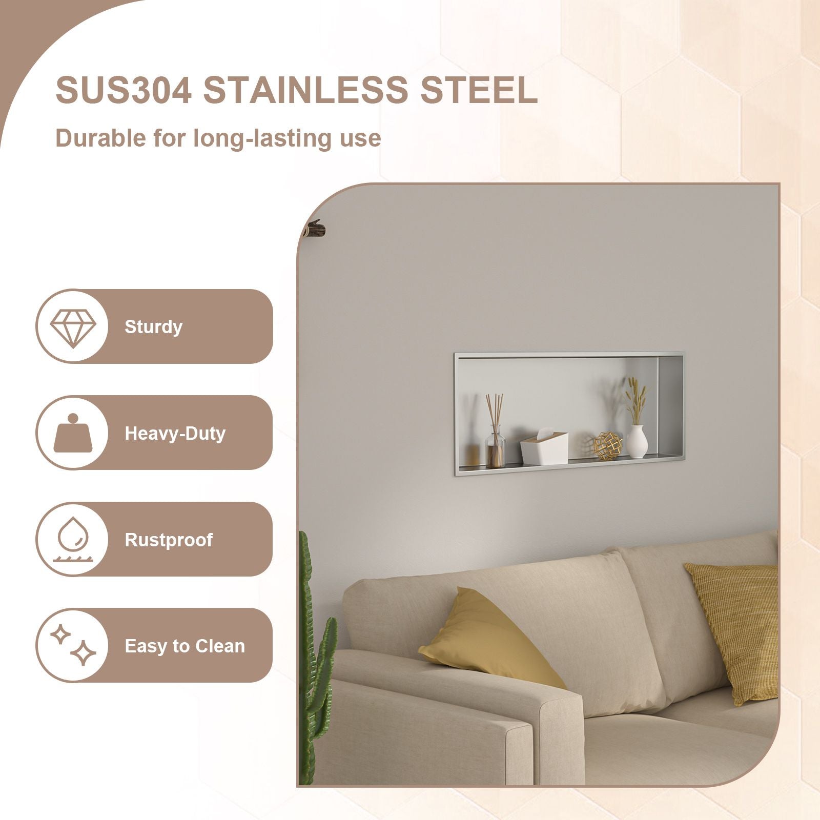 Brushed Stainless Steel Wall Shower  Niche , Double Recessed Shower Shelf for Bathroom