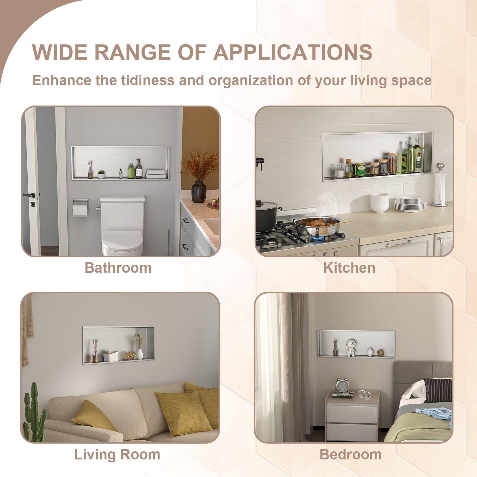 Brushed Stainless Steel Wall Shower  Niche , Double Recessed Shower Shelf for Bathroom