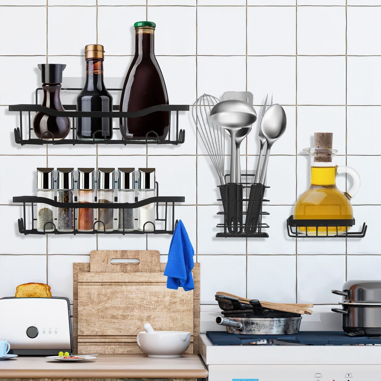 5 Pack Shower Caddy Shelves with 18 Inbuilt Hooks Rustproof Wall-Mounted Storage Shelves for Bathroom Dorm Kitchen Adhesive Bathroom Organizer for Shampoo Toothbrush Soap