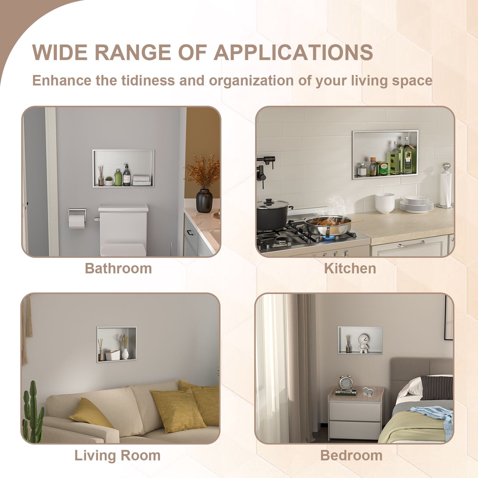 Brushed Stainless Steel Wall Shower  Niche , Double Recessed Shower Shelf for Bathroom