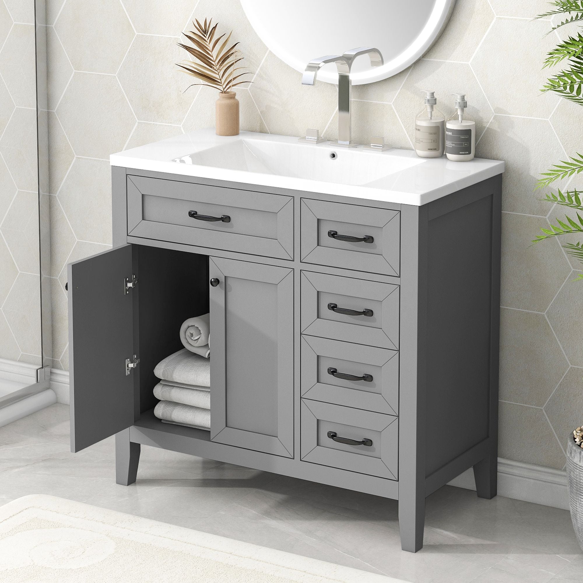 36\" Bathroom Vanity with Sink Combo, Black Bathroom Cabinet with Drawers, Solid Frame and MDF Board