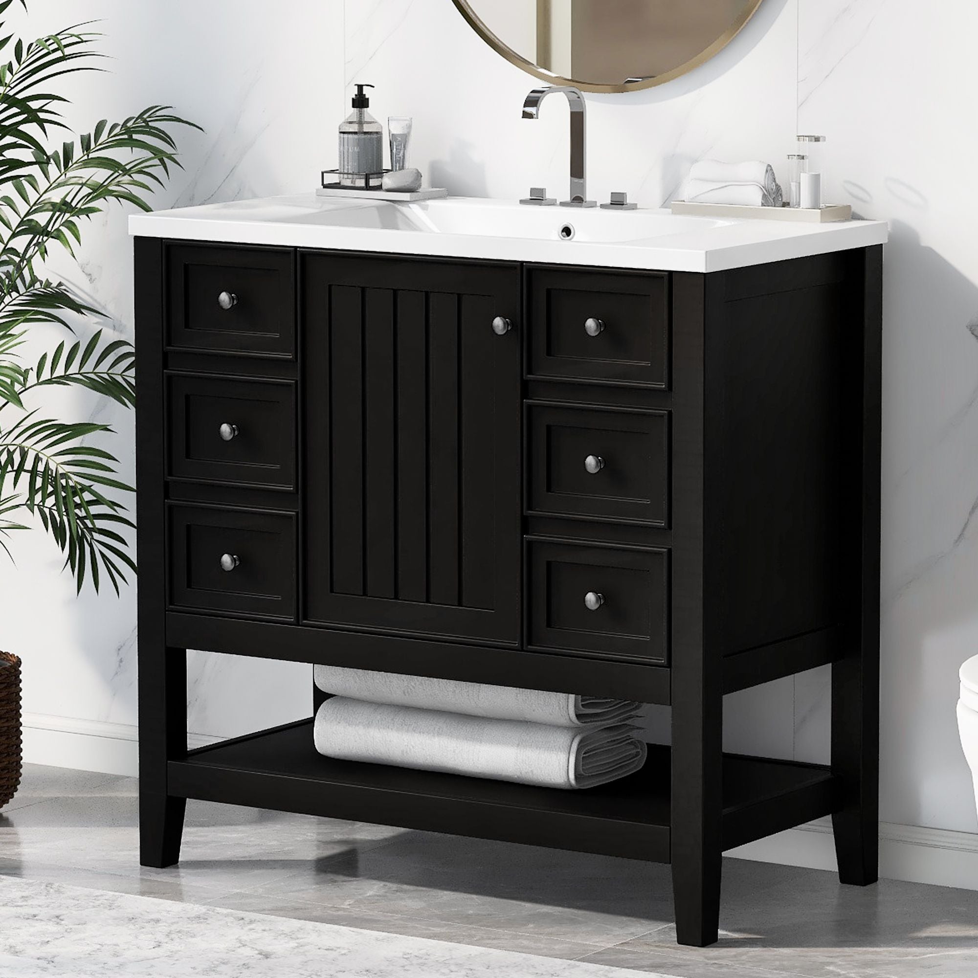 36\" Bathroom Vanity with Sink Combo, One Cabinet and Three Drawers, Solid Wood and MDF Board