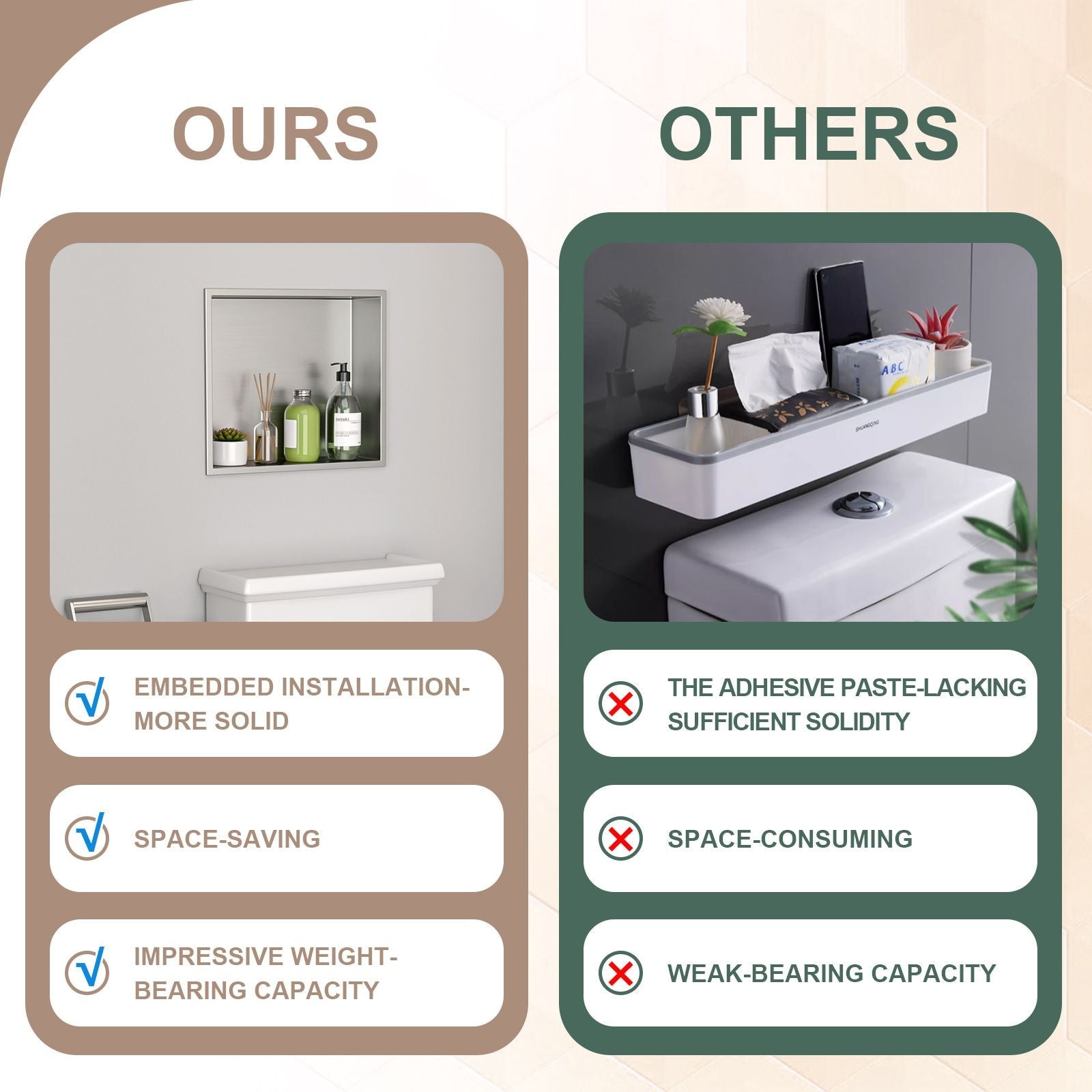 Brushed Stainless Steel Wall Shower  Niche , Double Recessed Shower Shelf for Bathroom