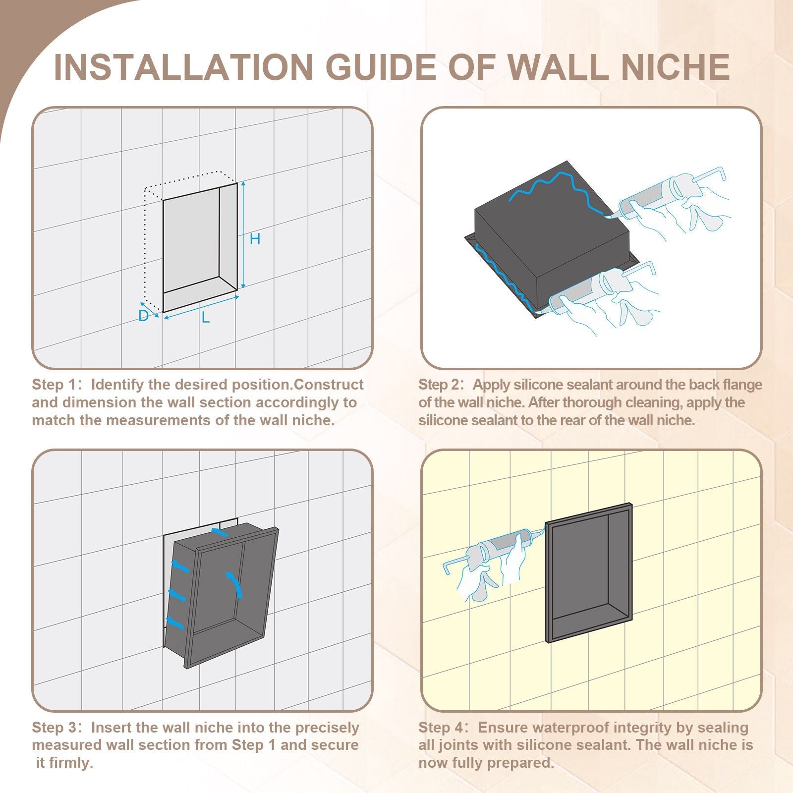 Brushed Stainless Steel Wall Shower  Niche , Double Recessed Shower Shelf for Bathroom