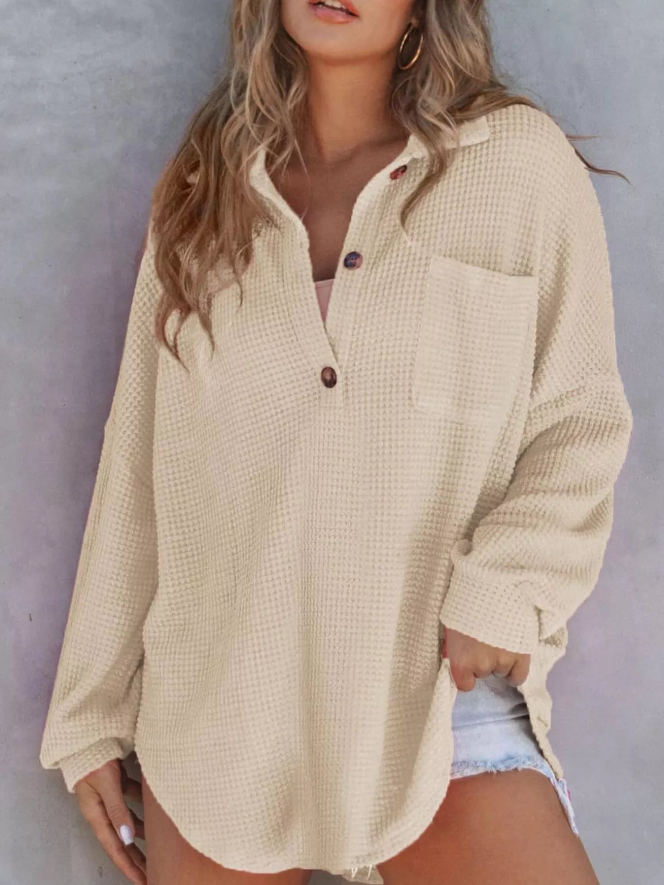 Casual Waffle Knit Button Detail Blouse
