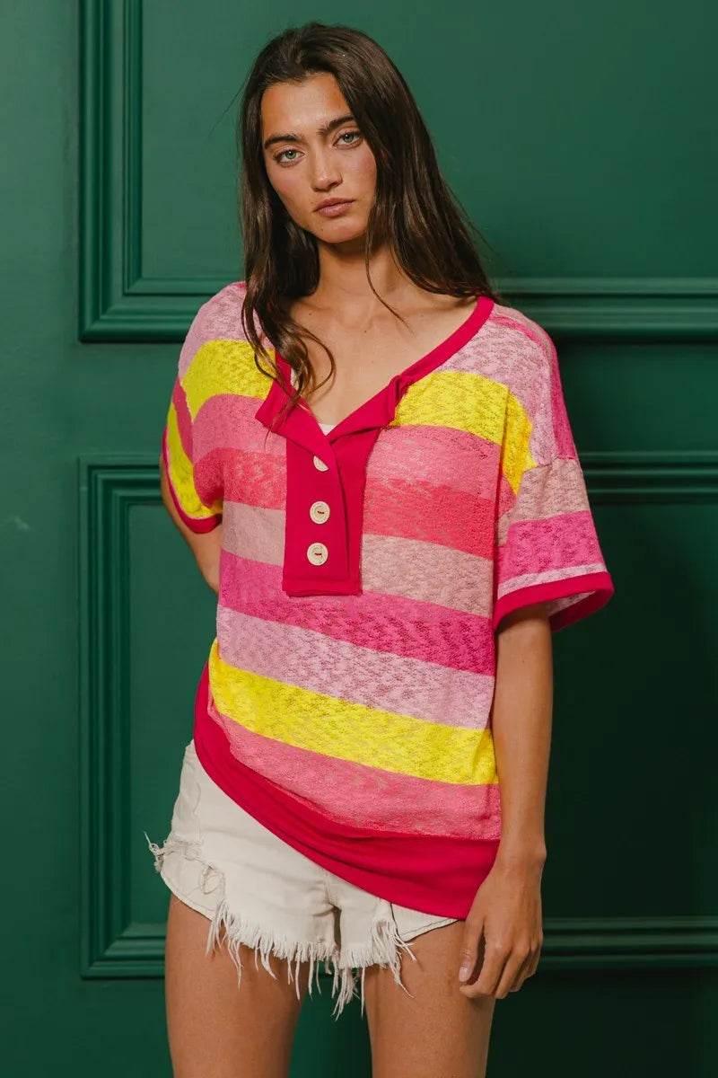 BiBi Multi Color Stripe Hacci Button Detail Ringer Top