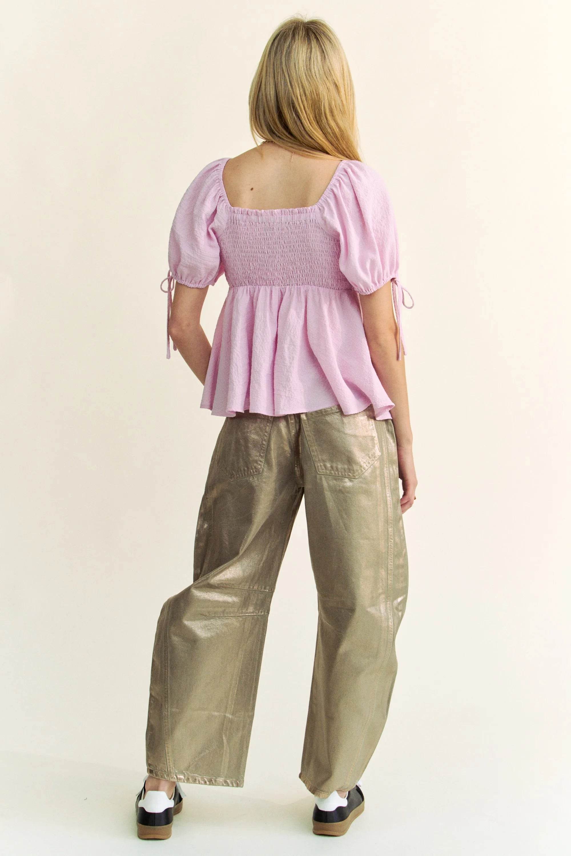 Davi & Dani Solid Elastic Peplum Puffed Sleeves Blouse