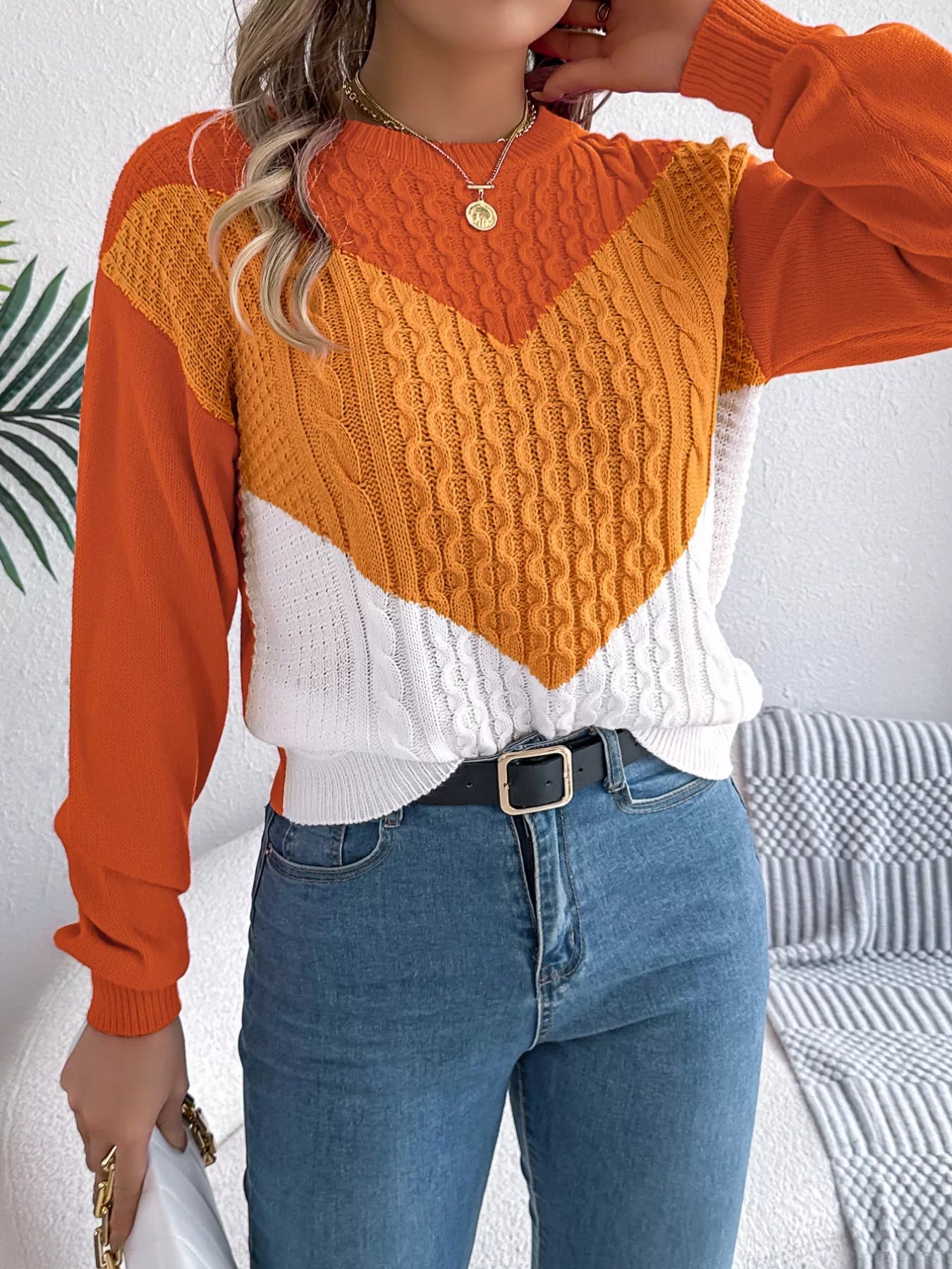 Color Block Cable Knit Sweater