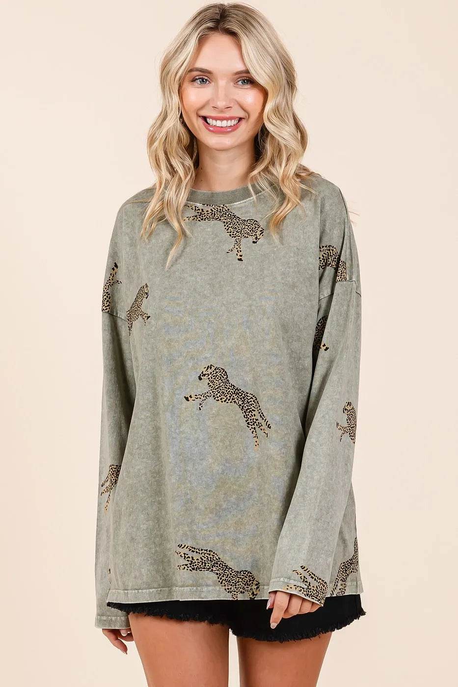 Mittoshop Mineral Wash Cheetah Print Long Sleeve Top
