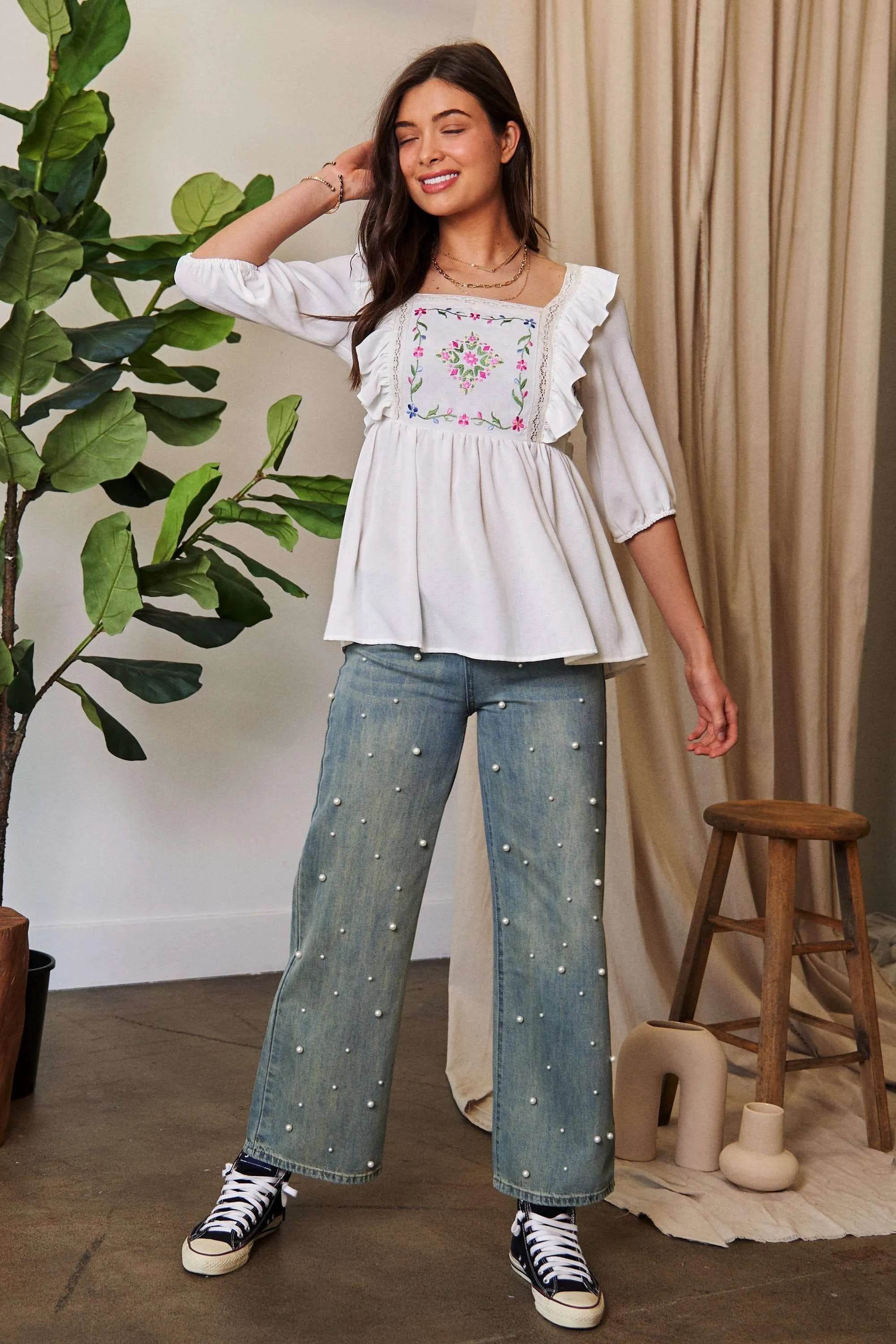 Davi & Dani Texture Tie Back Floral Embroidery Frill Blouse