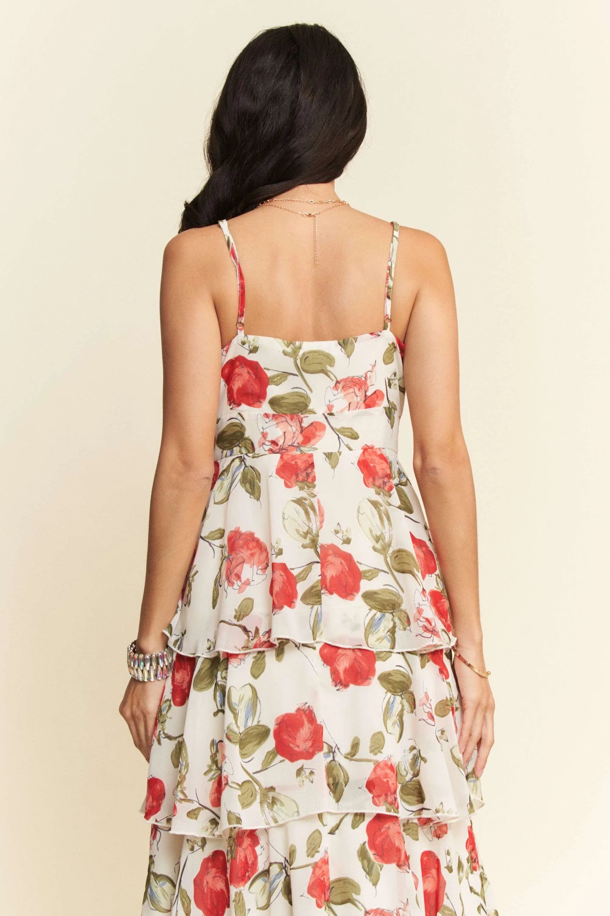 Contrast Ring Lace Layered Ruffle Maxi Cami Dress