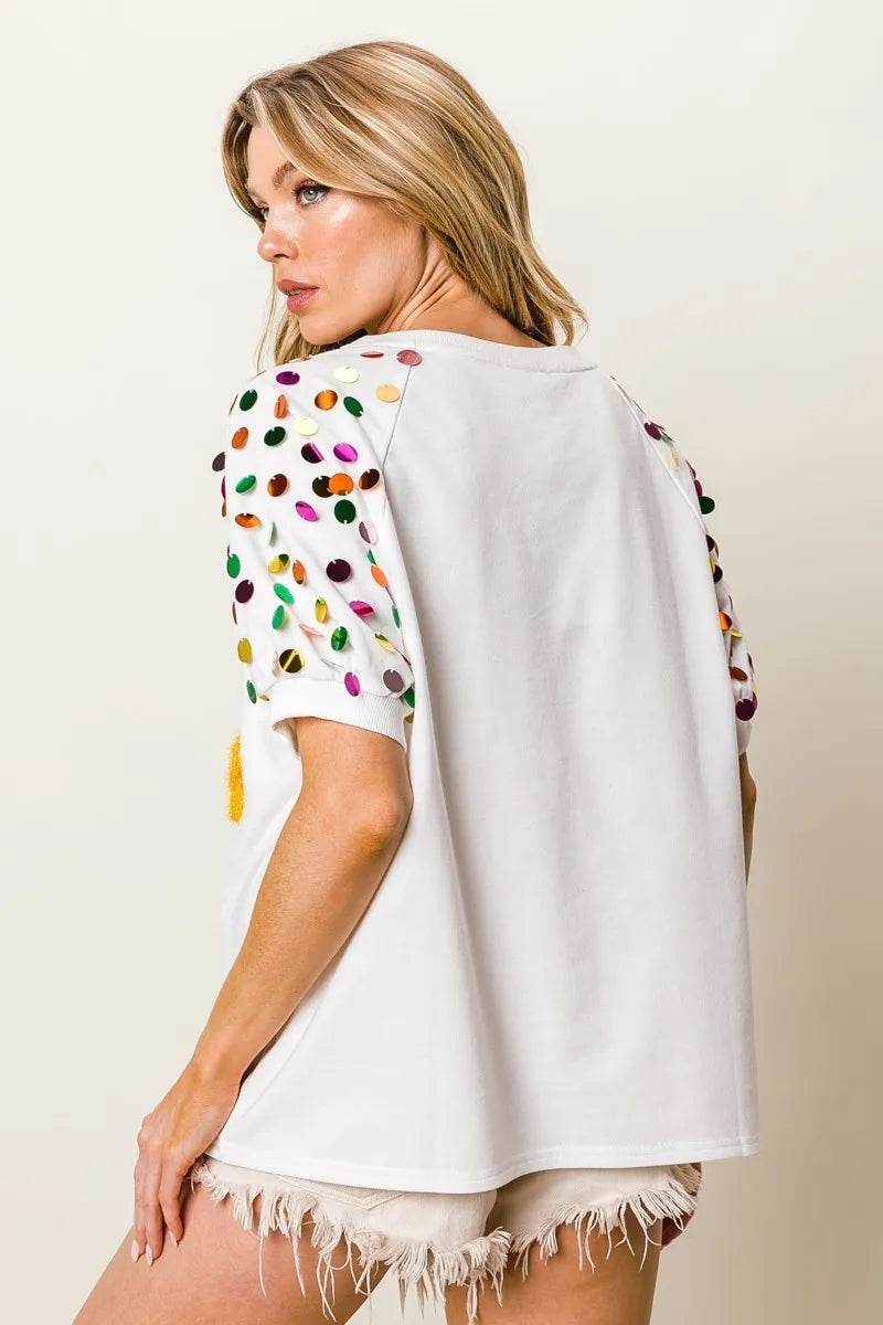 BiBi Metallic Letter Spangle Raglan Puff Sleeve Top