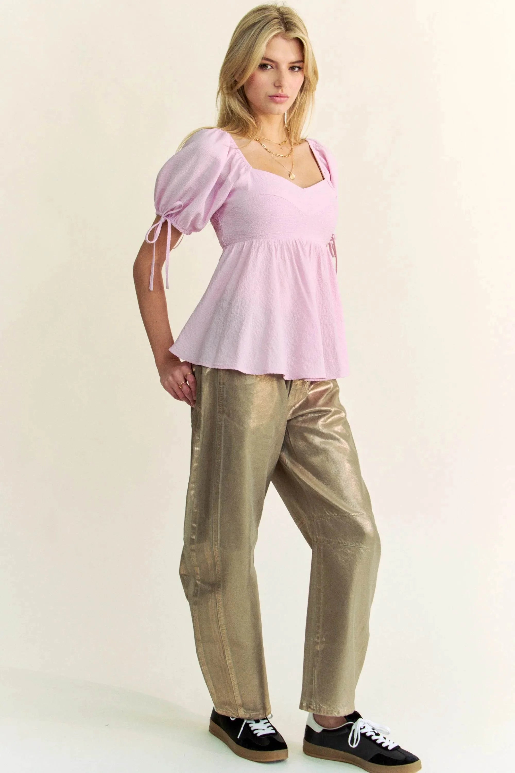 Davi & Dani Solid Elastic Peplum Puffed Sleeves Blouse