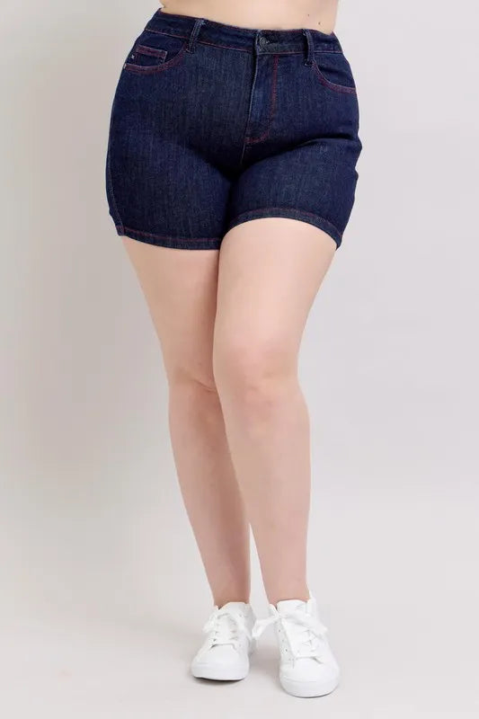 Judy Blue Full Size High Waist Heart Shaped Pkts & Red Contrast Thread Denim Shorts Plus Size