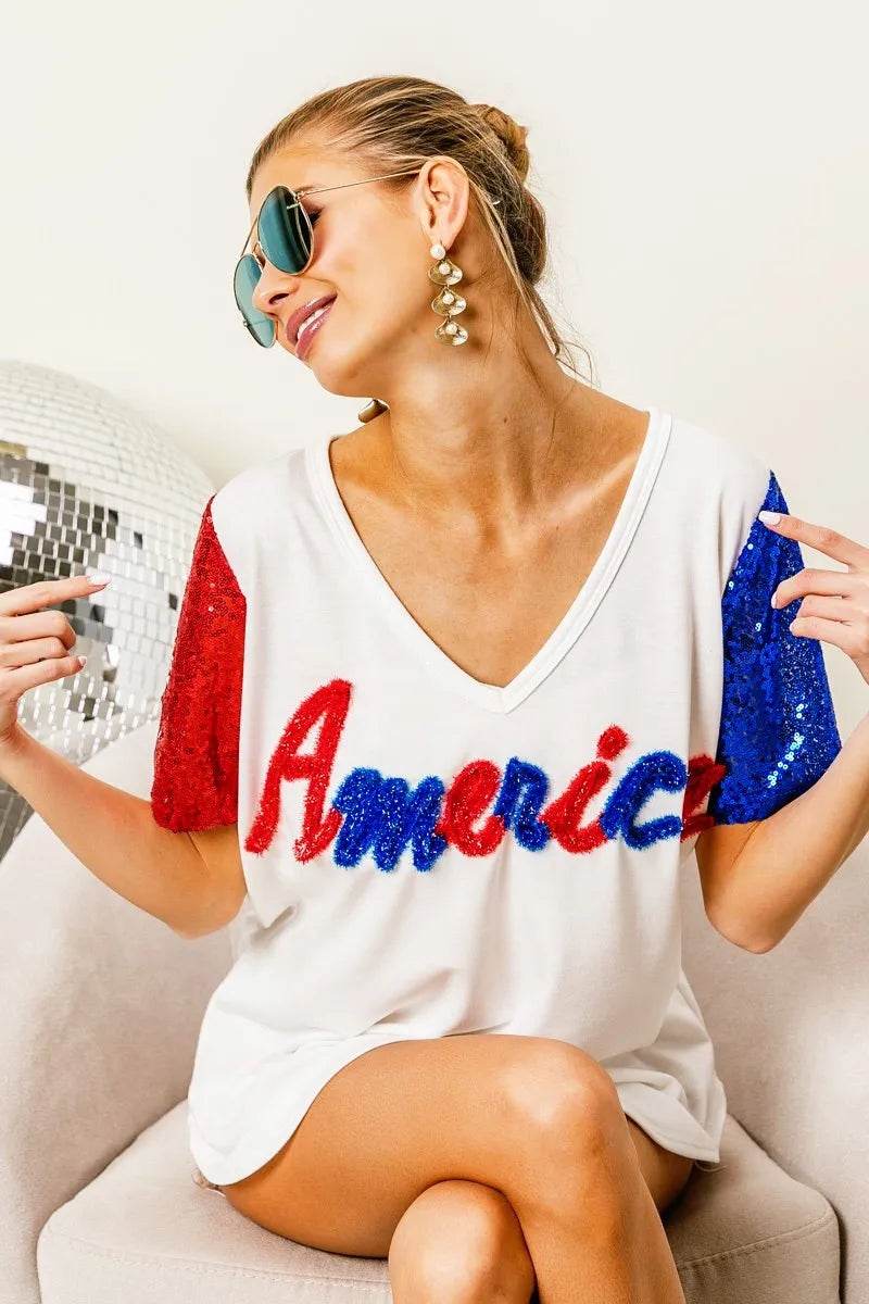 BiBi Metallic Letter V-neck Sequin Sleeves Top