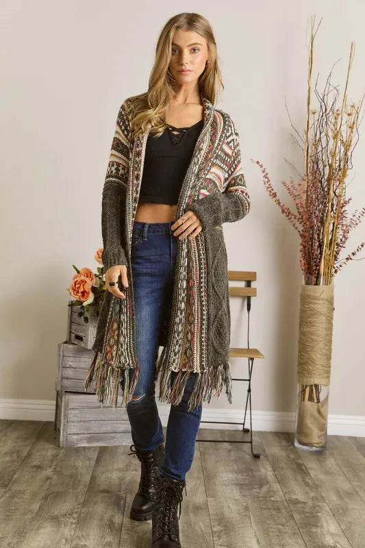 ADORA Full Size Fringe Hem Aztec Cardigan Plus Size
