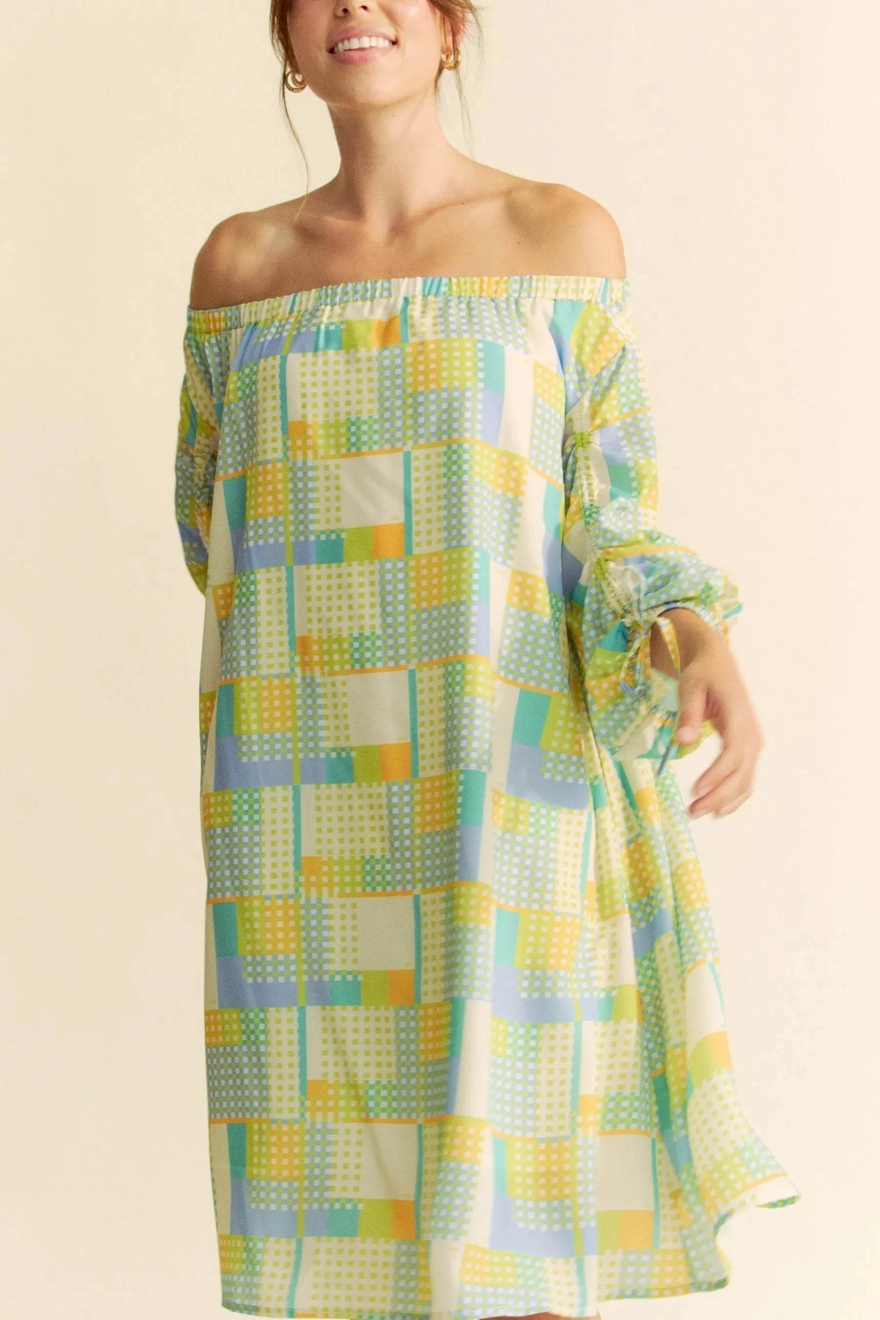 Davi & Dani Printed Off Shoulder Drawstring Sleeve Mini Dress