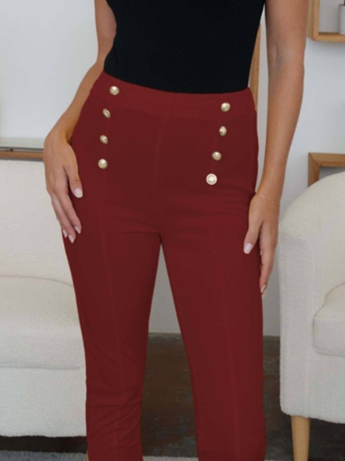 Chic High-Waist Button Detail Skinny Pants