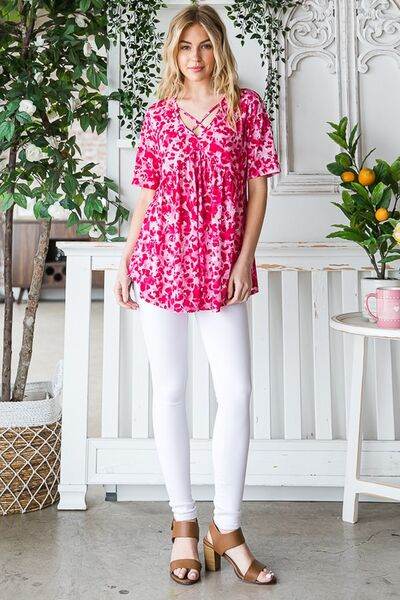 Heimish Full Size Short Sleeve Crisscross Animal Babydoll Top Plus Size