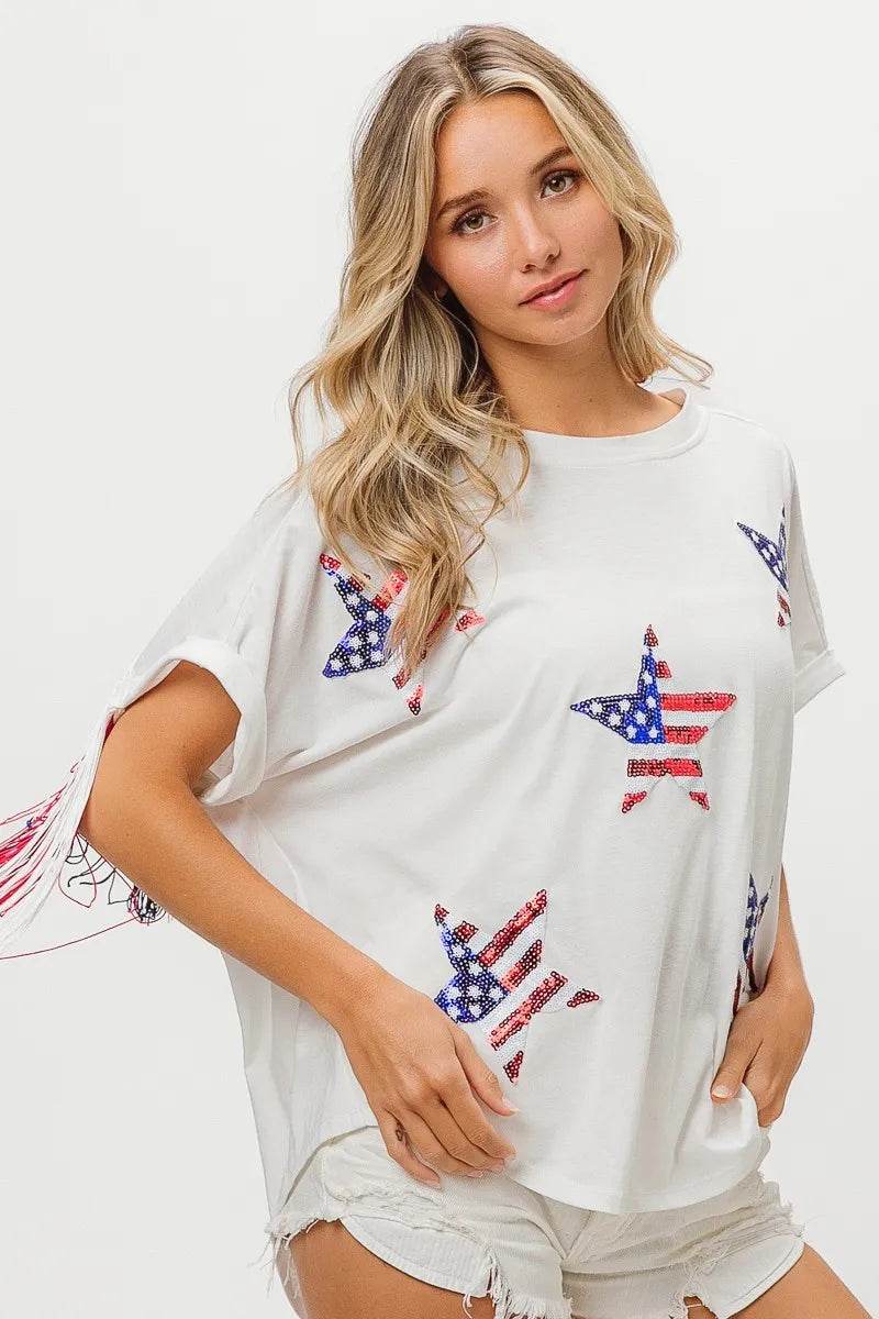 BiBi American Flag Sequin Star Fringe Top