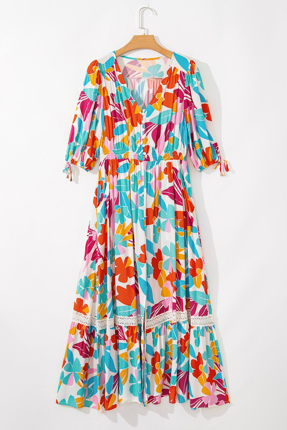 Sky Floral Knot Puff Sleeve Buttoned Front Maxi Dress