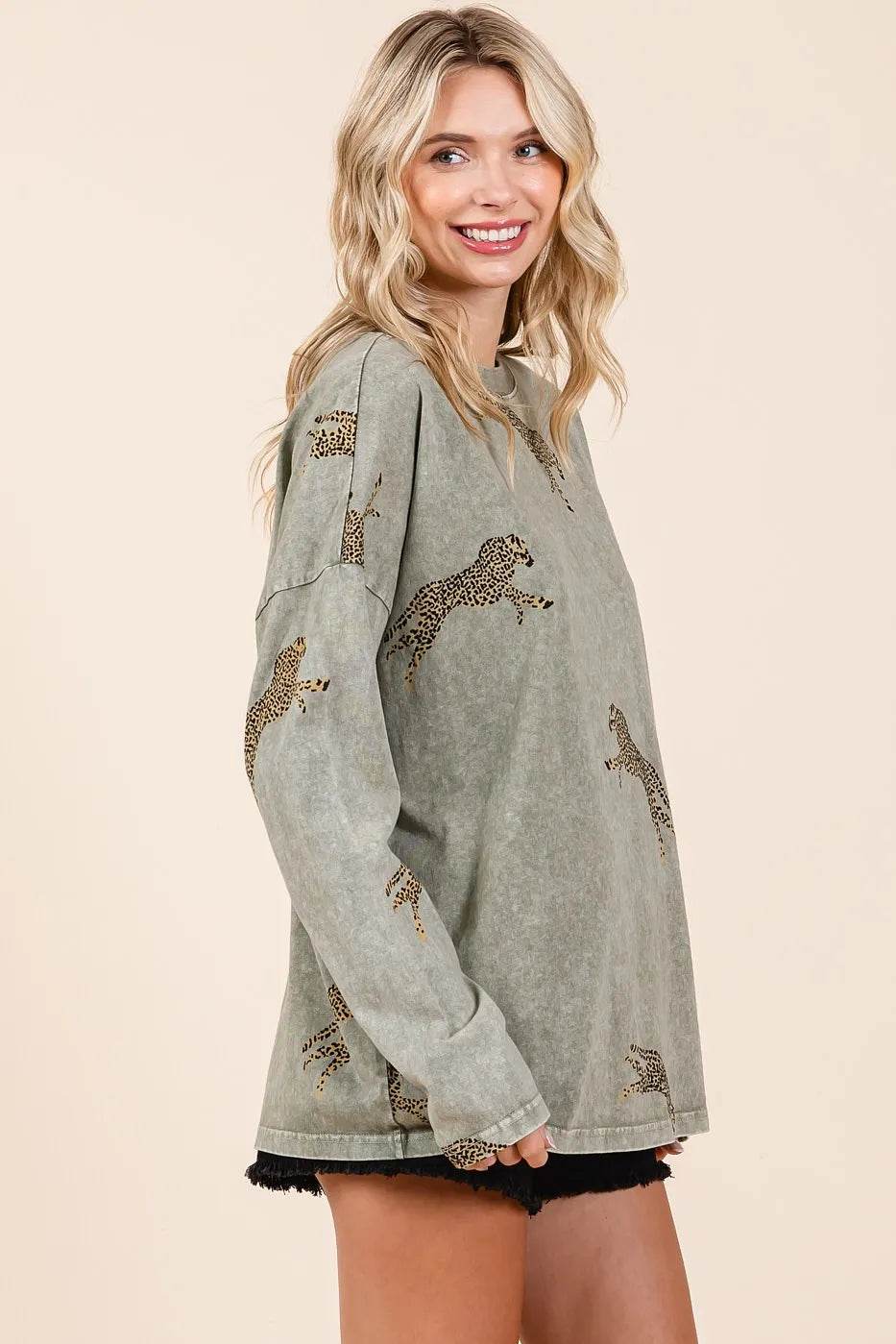 Mittoshop Mineral Wash Cheetah Print Long Sleeve Top