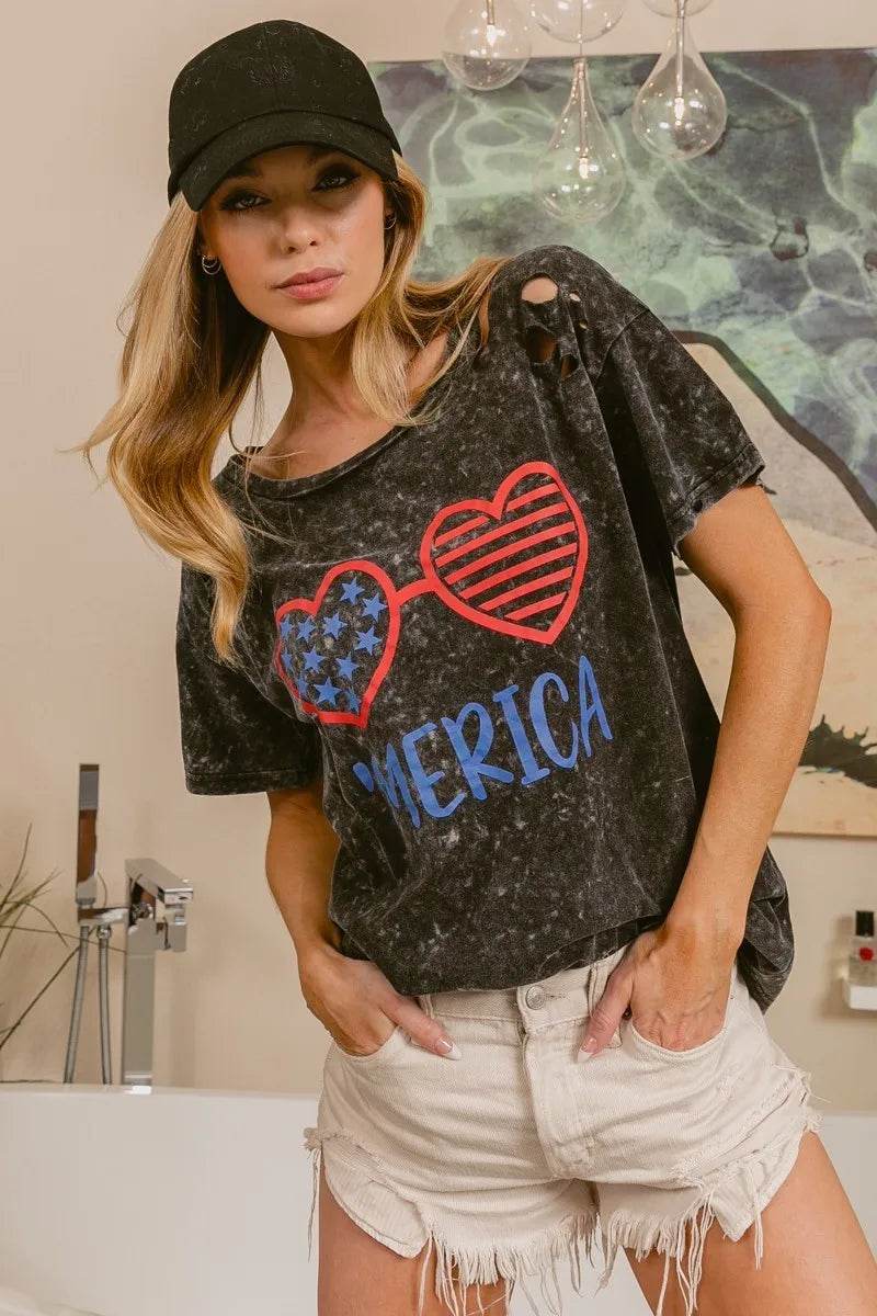 BiBi 4th Of July Theme Mineral Washed Laser Cut Top
