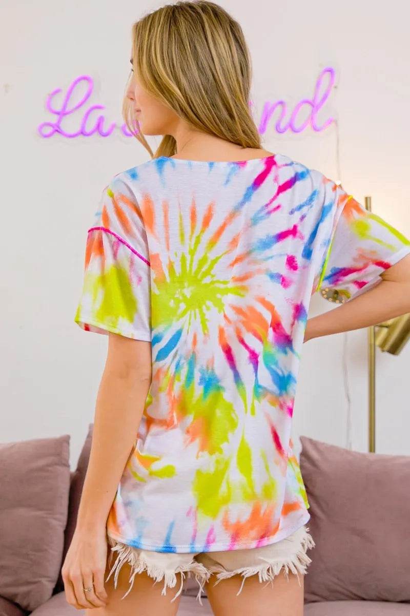 BiBi Tie Dye Print Jersey Stitched V Neck Top
