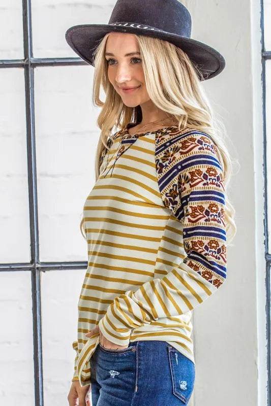 And The Why Stripe Ethnic Print Raglan Top