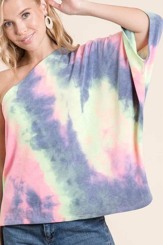 BiBi Tie Dye French Terry One Shoulder Top with Dolman