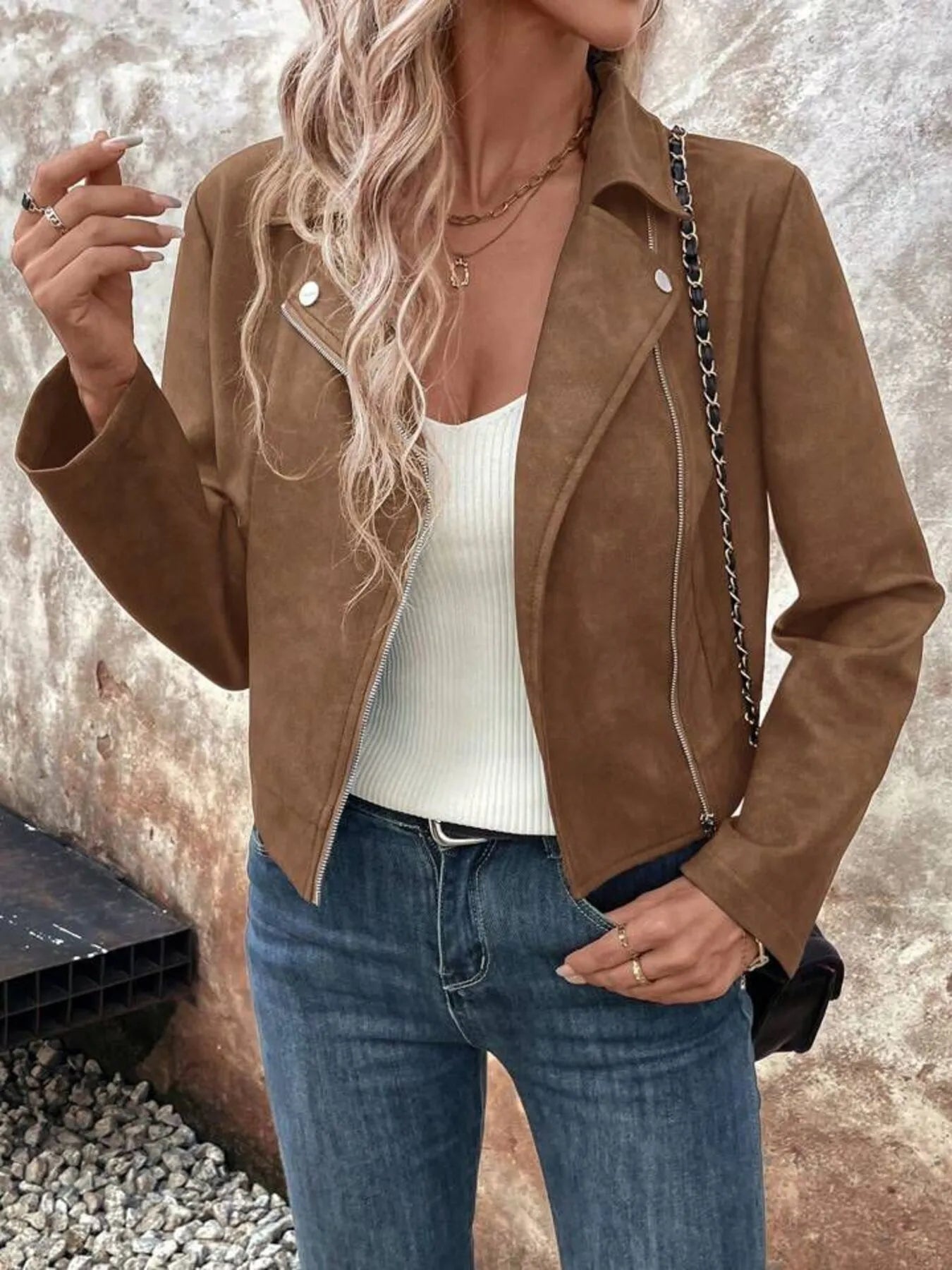 Bold & Bossy Zip-Up Suede Moto Crop Jacket