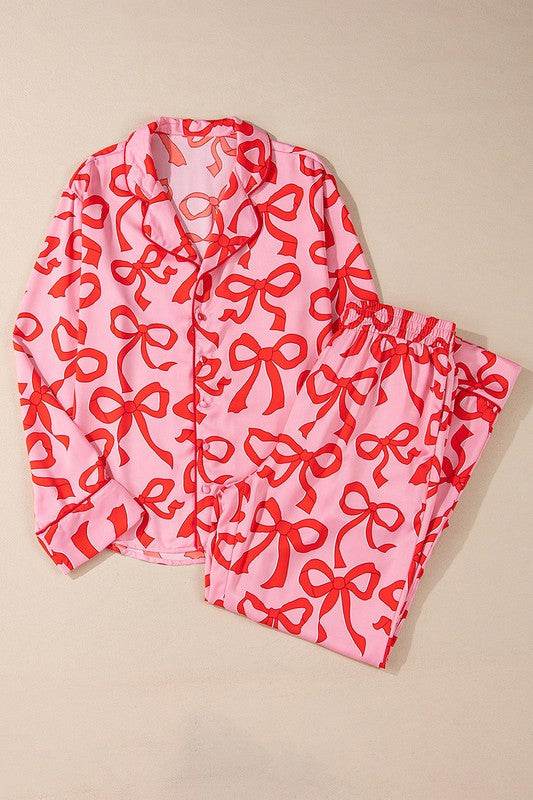 2pcs Bow Print Shirt Style Long Sleeve Pajama Set