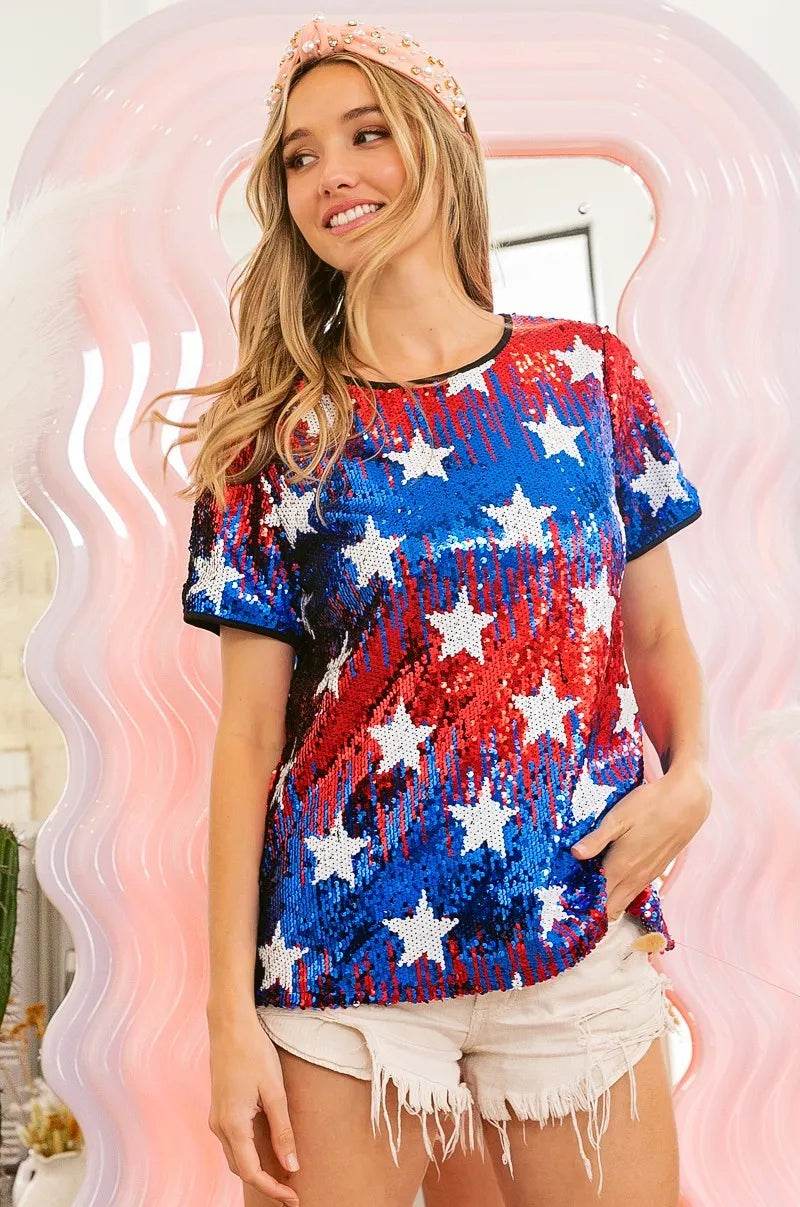 BiBi American Theme Star Pattern Sequin Top