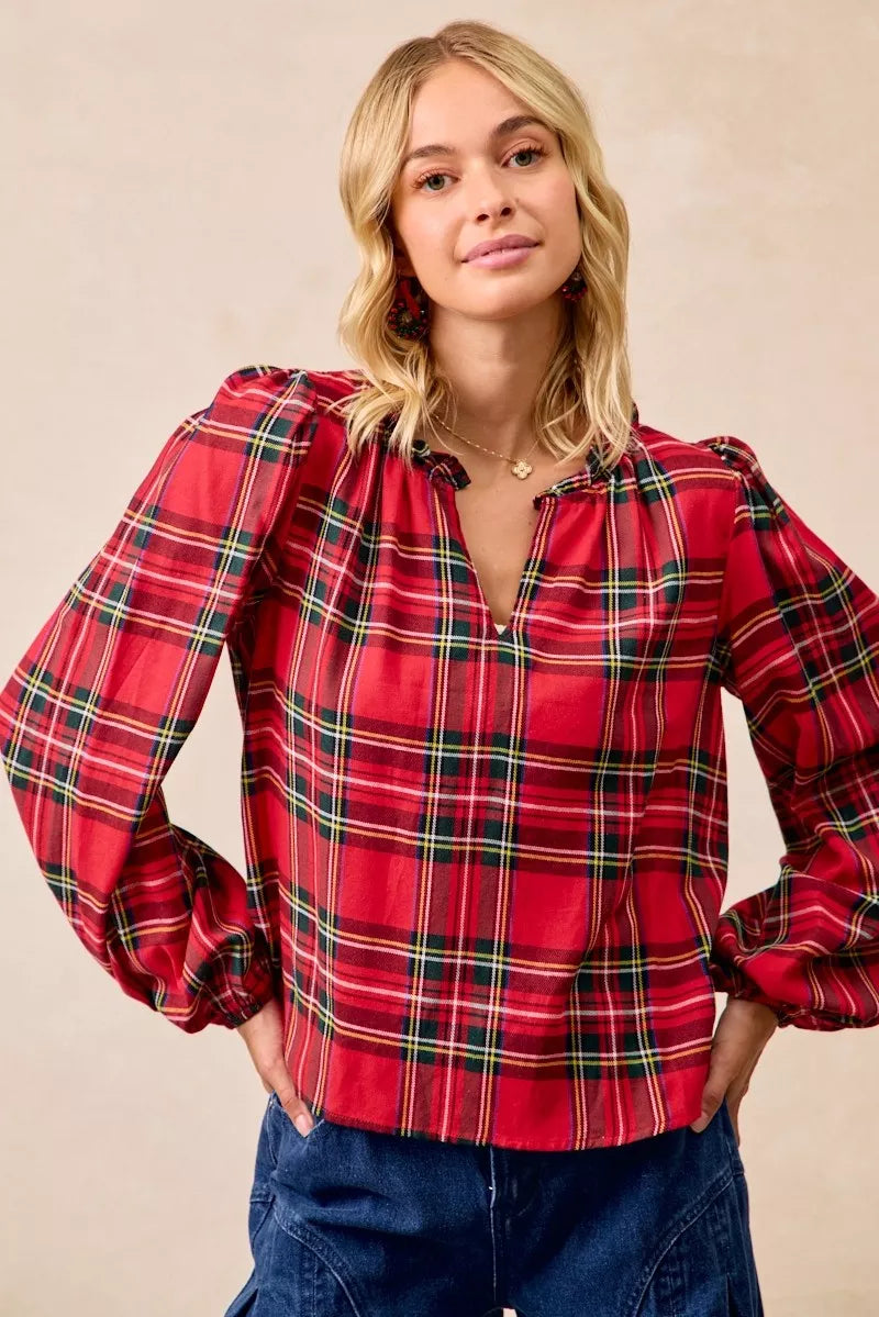 BiBi Christmas Plaid Balloon Sleeves Ruffled V-Neck Top